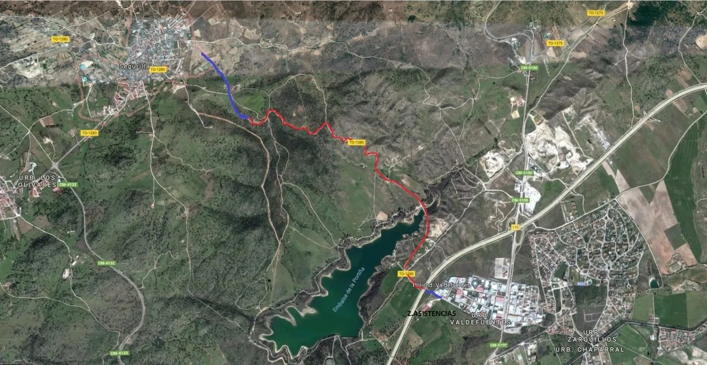Vista satélite del tramo con el enlace hasta la zona de asistencias en Valdefuentes